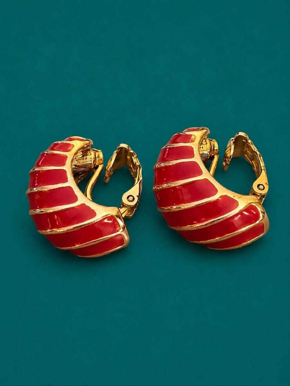 3/$30 VTG 1980s Red Gold Striped Clip-on Cherry Doll Earrings